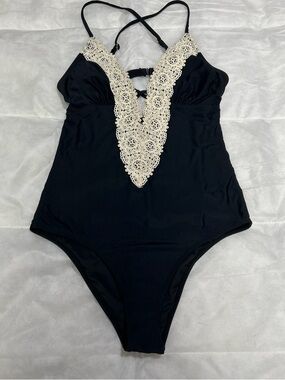 Anthropologie Black One-Piece Swimsuit with Cream Lace Plunge